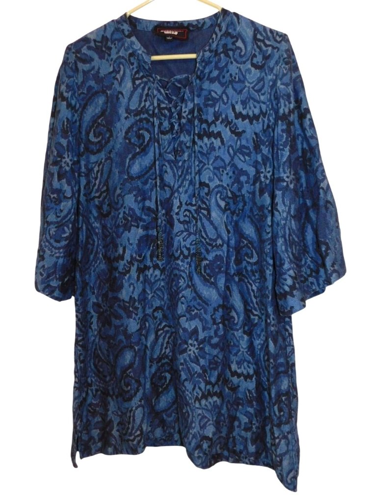 Johnny Was Workshop Women Sz S Blue Paisley Dress Tunic Lace Up Neck Boho Flowy